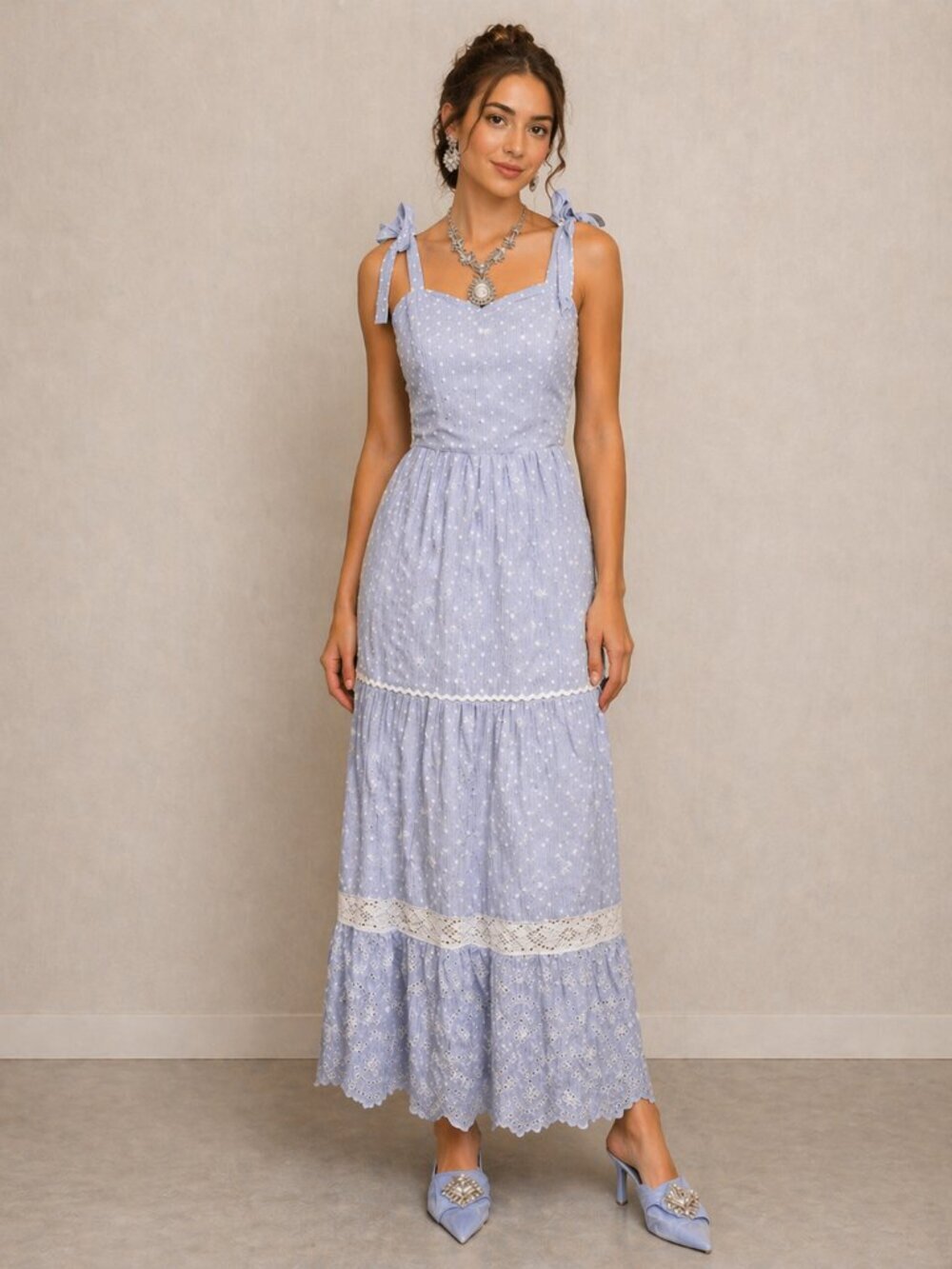 Shabby Chic Blue Cottagecore Peasant Prairie Dress Embroidery Country Maxi 2
